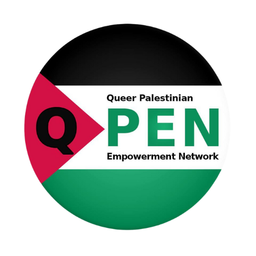 the QPEN logo. The Palestine flag, the red triangle on the left has a Q within it, and the white middle stripe says PEN inline with the Q, then in smaller font reads Queer Palestinian Empowerment Network